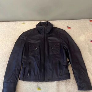Navy Blue Leather Jacket Large Lulu Bravo